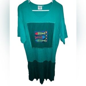 Vintage🐠Johnny Was 90s Teal Embroidered Appliqué Fish Short Sleeve Maxi Dress M